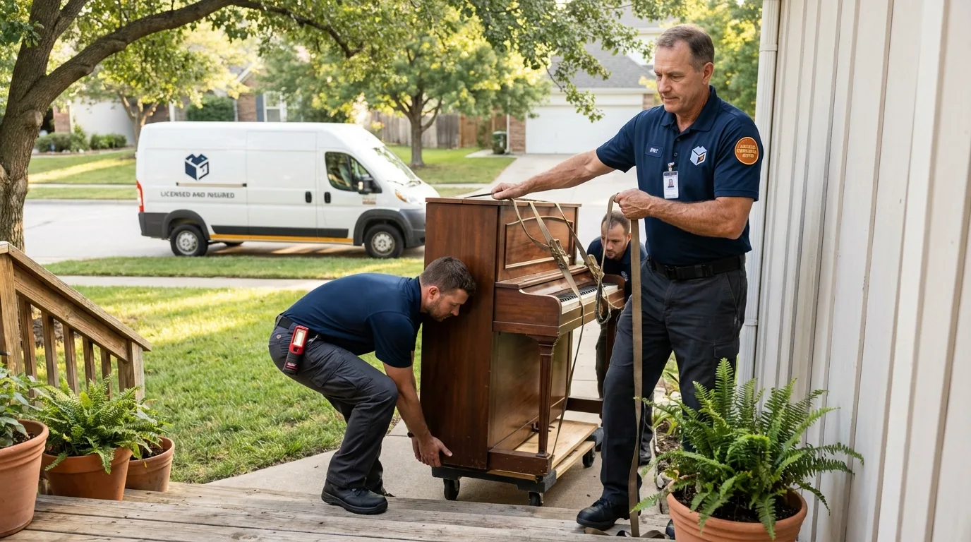 Licensed piano movers securing grand piano in Loomis, CA