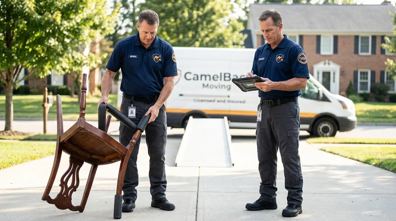 Movers inspecting furniture for damage prevention before loading in Loomis, CA