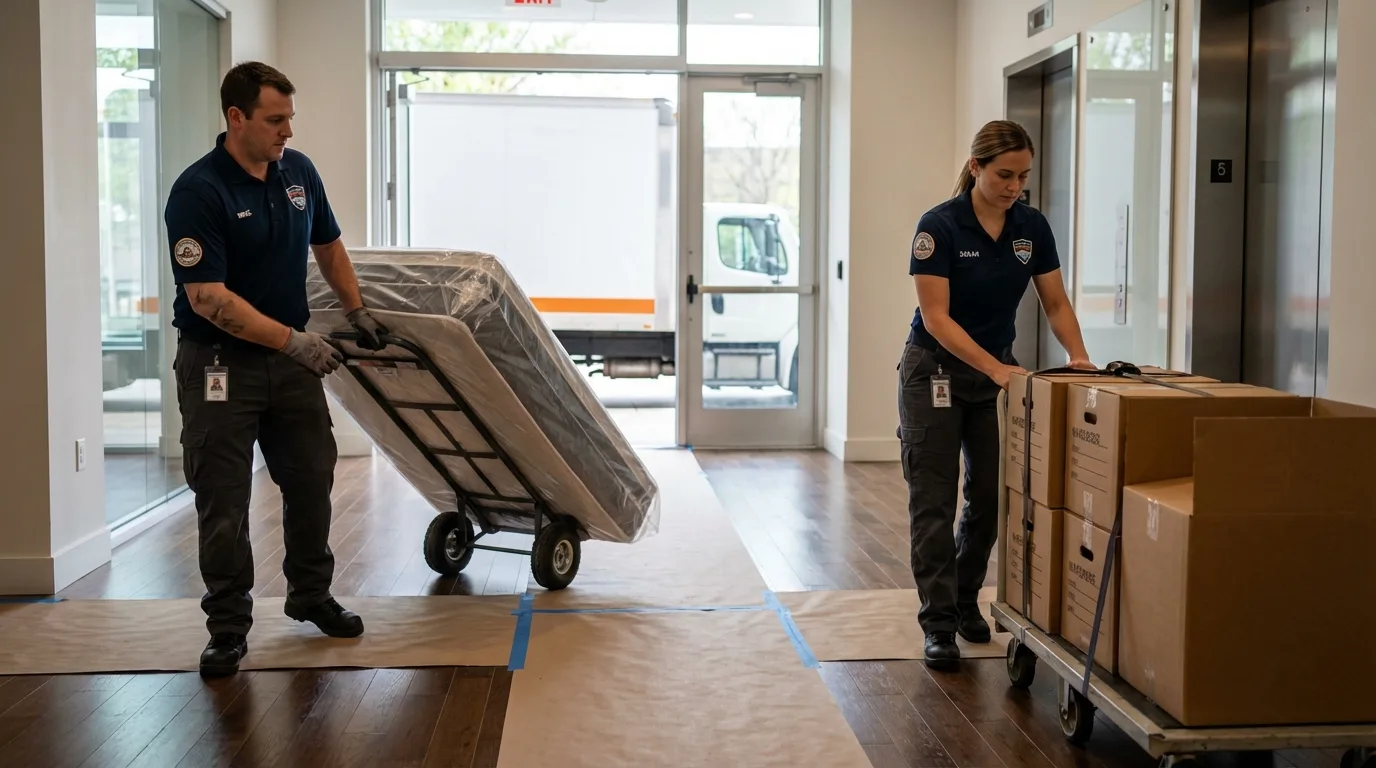Professional apartment movers loading elevator in Loomis, CA